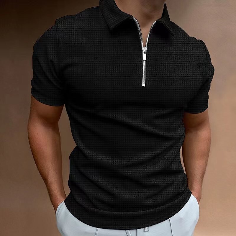 Men's Waffle Outdoor Golf Street Casual Breathable Comfortable Light Plain Zipped Short Sleeve Polo Shirt
