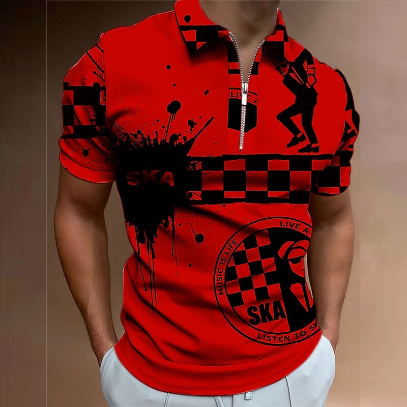 Men's Plaid Letter Graphic Prints Turndown Royal Zipper Short Sleeves 