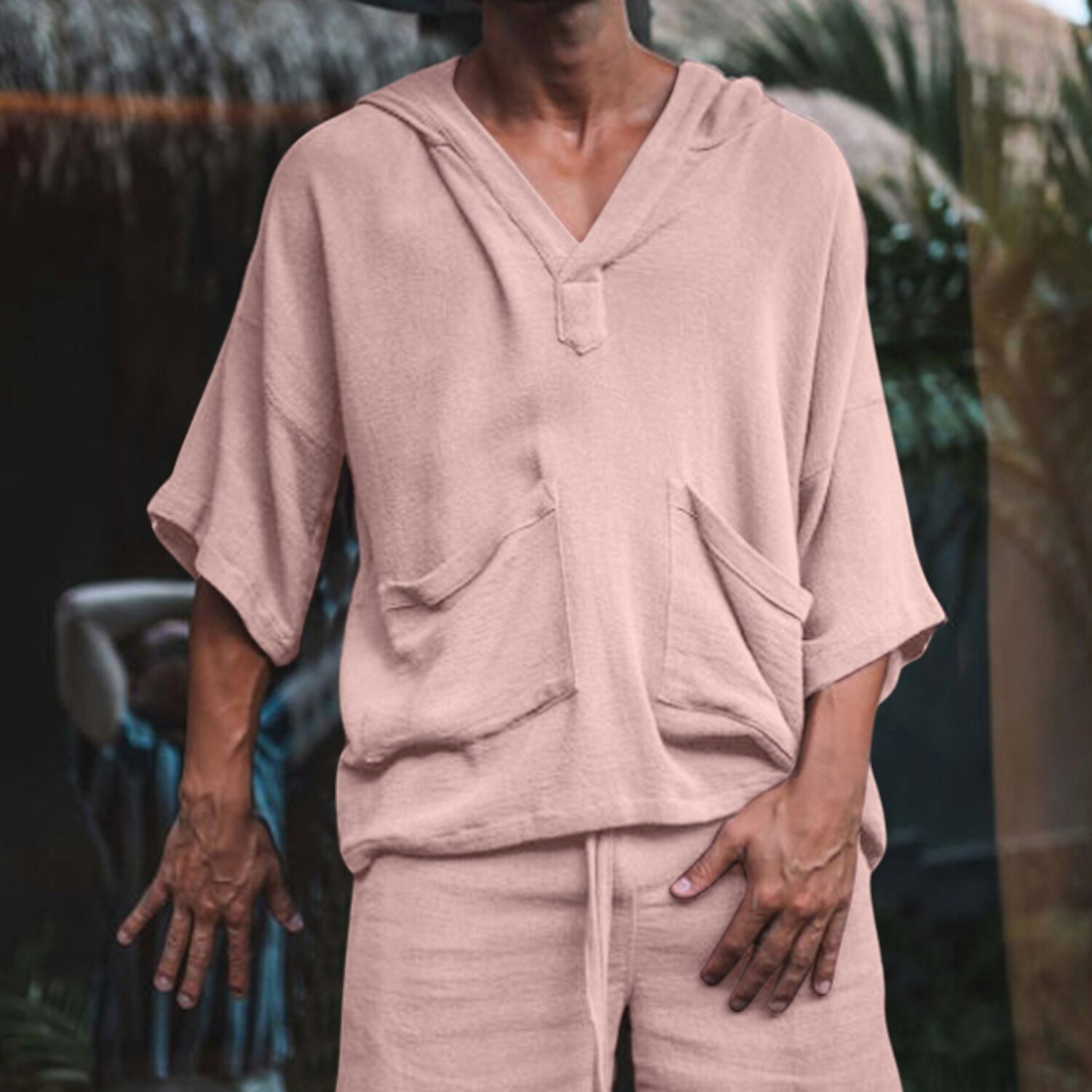 Men's Casual Shirt Solid Color Hooded Daily Half Sleeve Tops Cotton Retro White Black Gray / Summer