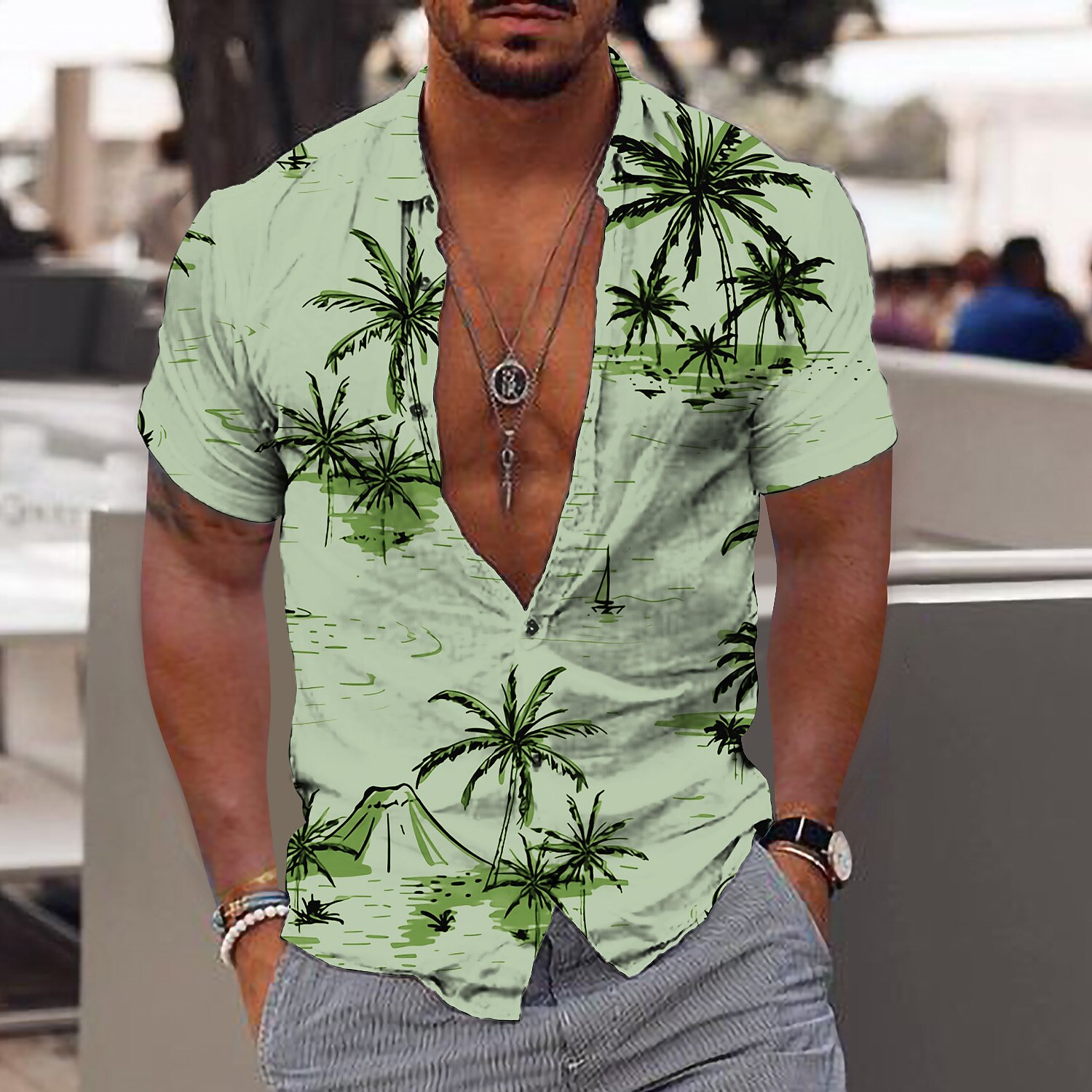 Men's Outdoor Beach Hawaiian Casual Fashion Breathable Comfortable Light Print Short Sleeve Shirt