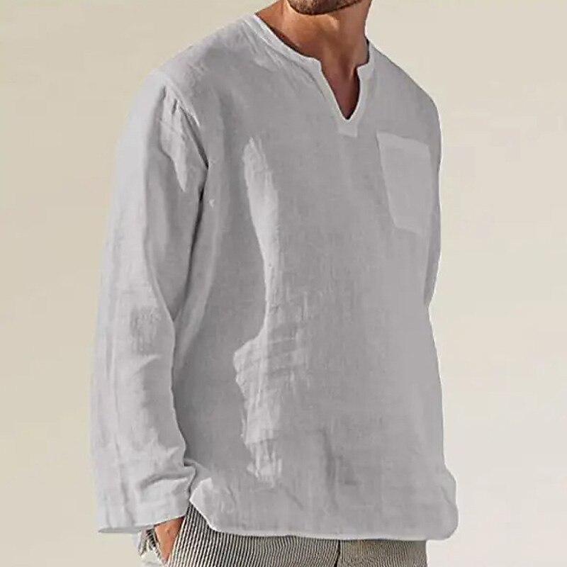 Men's Linen Shirt Summer Shirt Beach Shirt Black White Navy Blue Long Sleeve Plain V Neck Spring & Summer Casual Daily Clothing Apparel Front Pocket