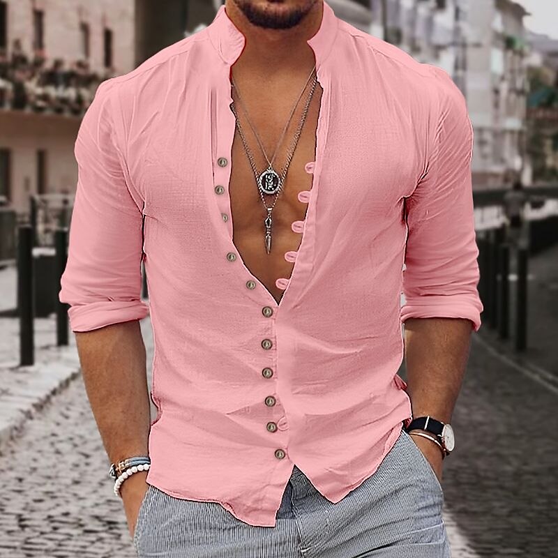 Men's Shirt Linen Shirt Button Up Shirt Casual Shirt Summer Shirt Beach Shirt Black White Pink Long Sleeve Plain Stand Collar Spring & Summer Casual Daily Clothing Apparel