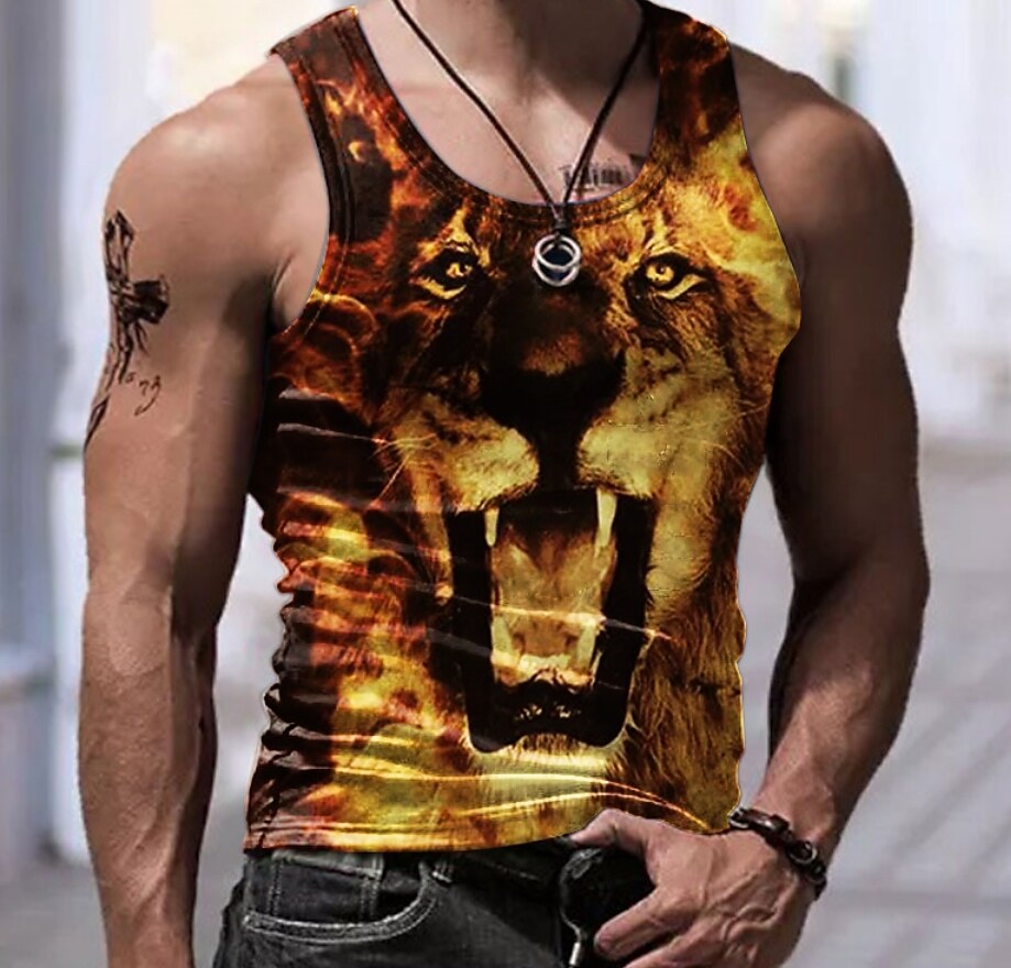 Men's Cheetah Print Crew Neck  Casual  Sleeveless Undershirt 