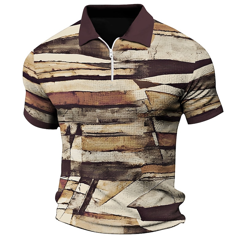 Men's Waffle Zip Striped Graphic Prints Geometry Turndown  Outdoor Short Sleeves Polo Shirt