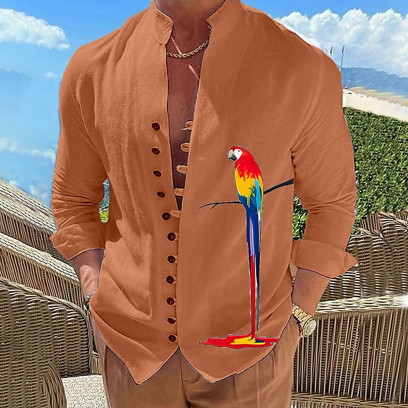 Men's Graphic Prints Parrot Stand Collar  Outdoor Long Sleeve  Casual Comfortable Shirt 