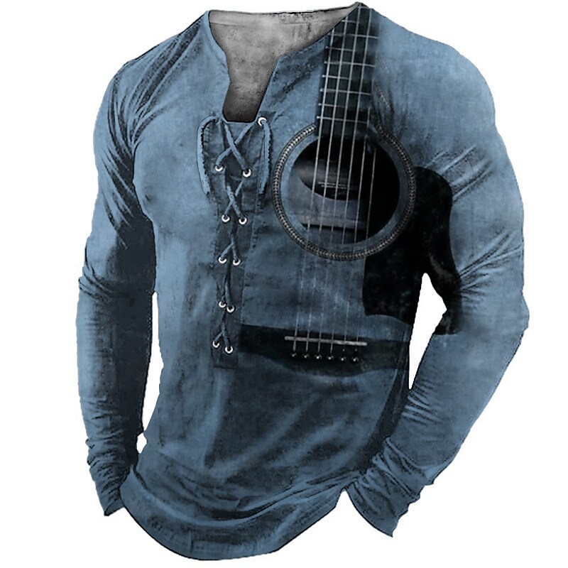 Men's Guitar Musical Instrument Lace up Classic Long Sleeve T-shirt