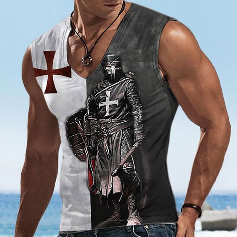 Men's  Lion Templar Cross Graphic Prints Cross V Neck Sleeveless Tank Top 