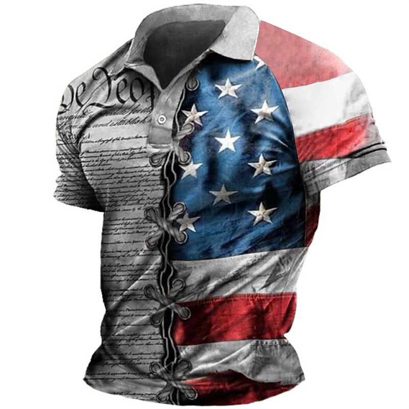 Men's National Flag Turndown  Button-Down Short Sleeve Polo Shirt