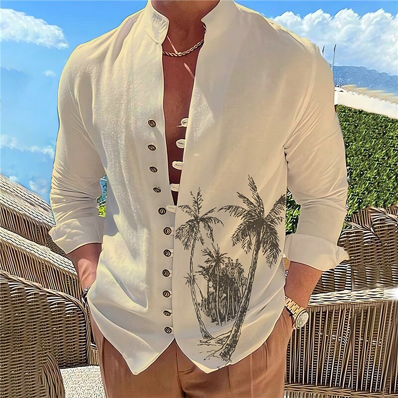 Men's Summer Hawaiian Coconut Tree Graphic Prints Stand Collar  Outdoor Long Sleeve Shirt