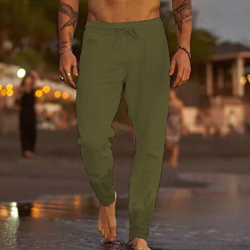 Men's  Pocket Drawstring Elastic Waist Plain Comfort Soft Linen Pants 