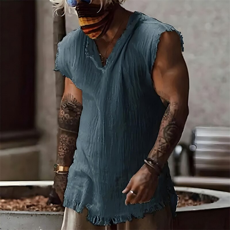 Men's Beach   Sleeveless Plain V Neck Hawaiian  Linen Shirt 