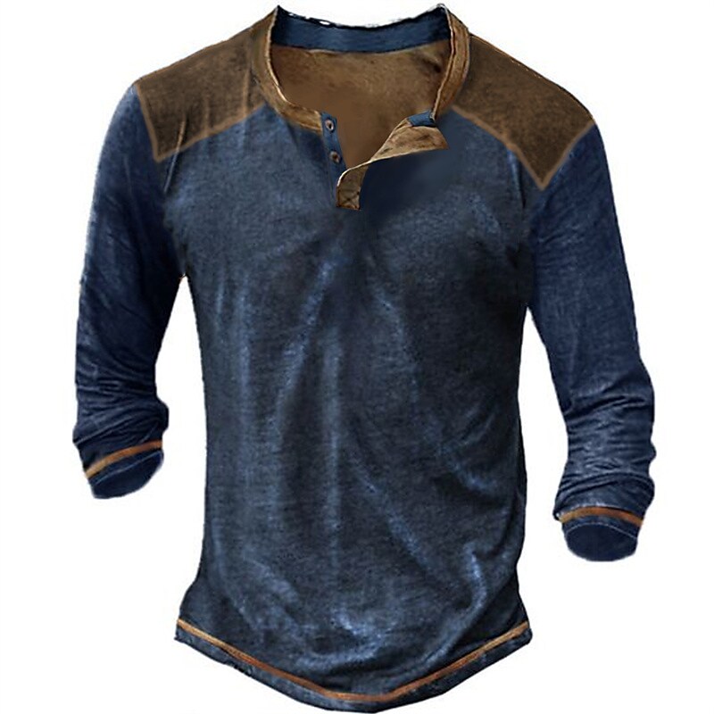 Men's Henley Shirt T shirt Tee Color Block V Neck Black Navy Blue Gray Street Sports Long Sleeve Button-Down Clothing Apparel Basic Designer Casual Comfortable