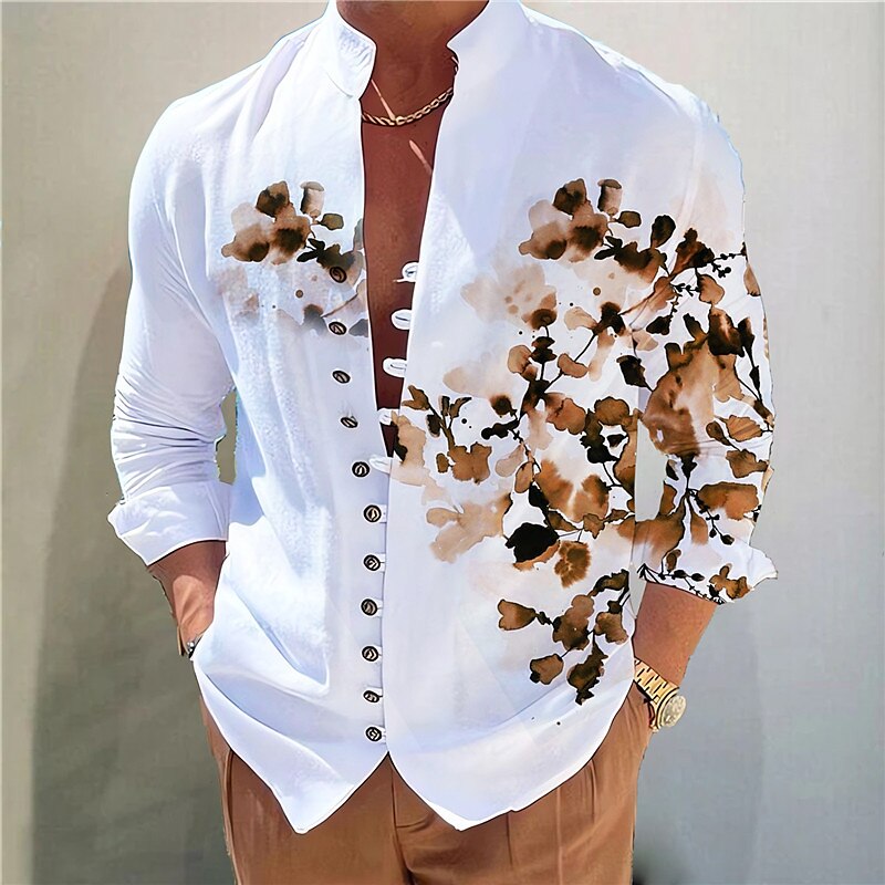 Men's Floral Graphic Prints Stand Collar  Long Sleeve  Shirt 