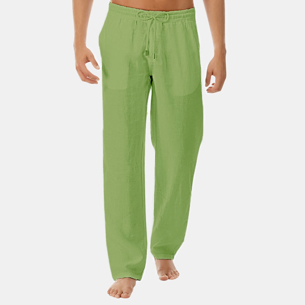 Men's Linen Pants Pants Trousers Elastic Waistband Drawstring Stylish Sporty Simple Daily Micro-elastic 100% Cotton Comfort Breathable Outdoor Plain Solid Colored Mid Waist ArmyGreen Green White M L
