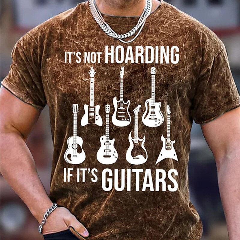 Men's Guitar Crew Neck 100% Cotton Acid Wash Oversized Short Sleeve Sh