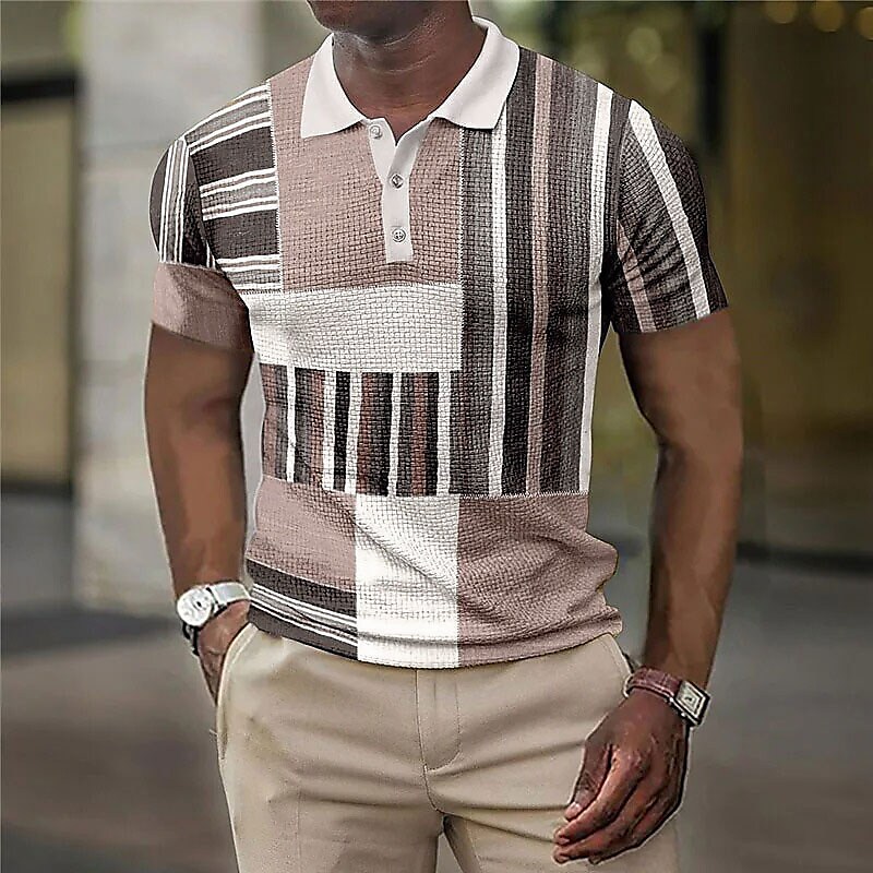 Men's  Striped Graphic Prints Geometry Turndown  Button-Down Short Sleeves Polo Shirt