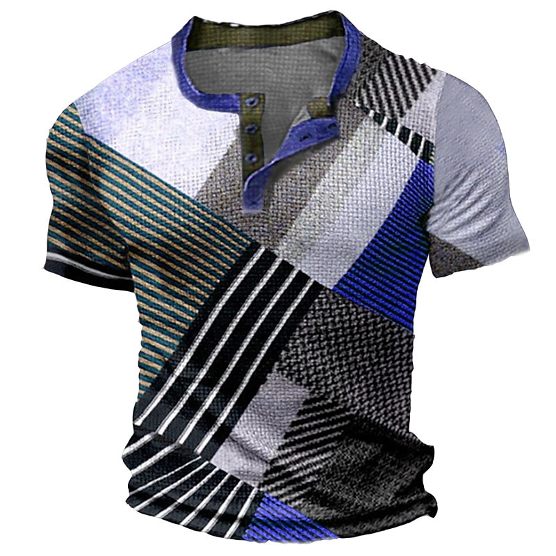 Men's Waffle  Graphic Color Block 3D Print   Short Sleeve Henley Shirt