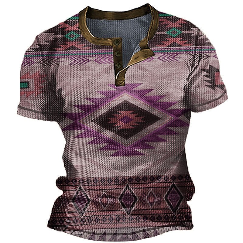 Men's Waffle Graphic Bohemian Argyle   Button Short SleeveHenley Shirt 