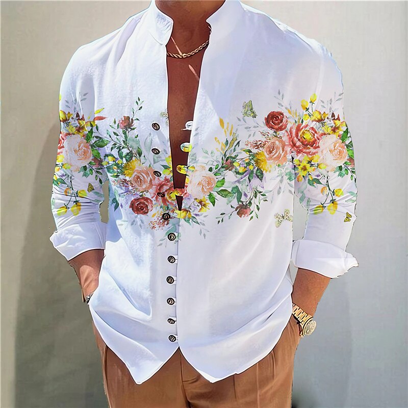 Men's  Floral Graphic Prints Stand Collar Long Sleeve  Shirt