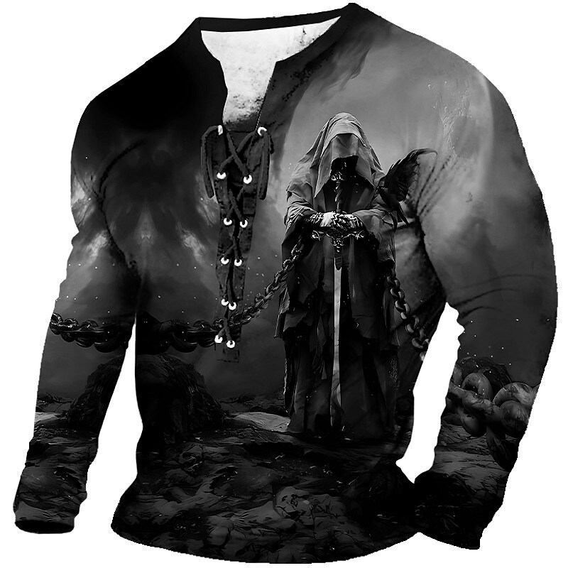Men's Graphic Faith Skulls Collar 3D Print   Lace up Long Sleeve T-shirt 