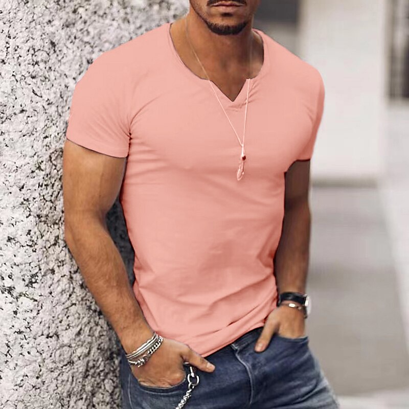 Men's T shirt Tee Plain V Neck Vacation Going out Short Sleeves Clothing Apparel Streetwear Stylish Modern Style