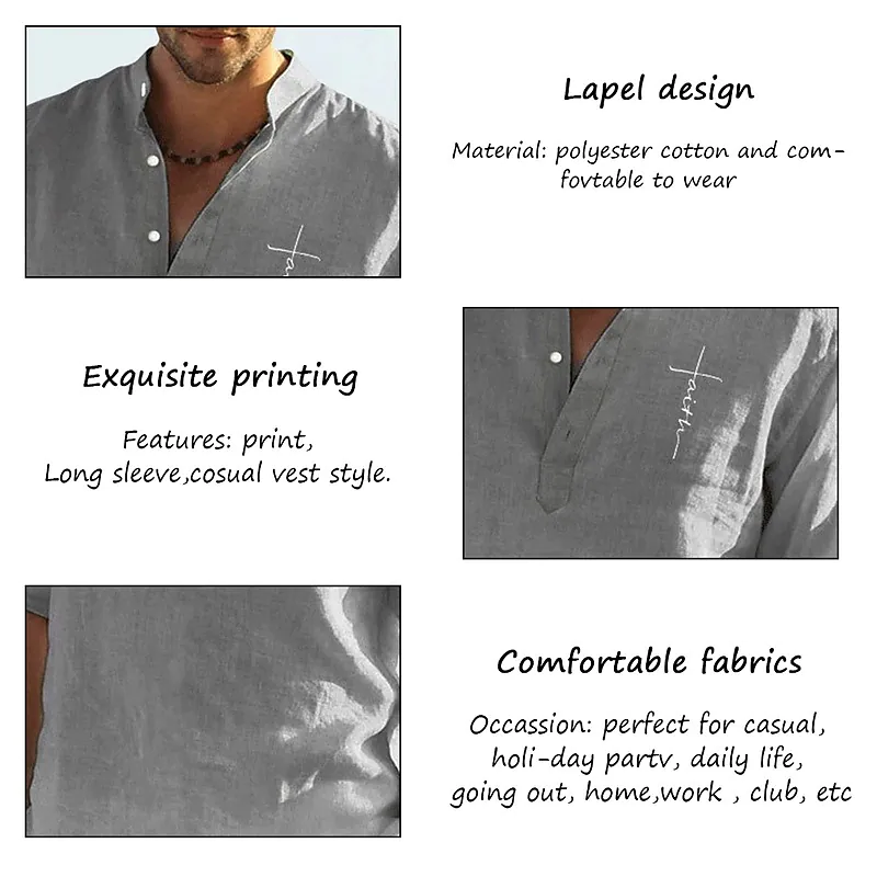 Men's Shirt Plain Collar Stand Collar Casual Daily Long Sleeve Tops Cotton Simple Soft Breathable Comfortable Green White Black Vacation  Holiday Beach Summer Shirt