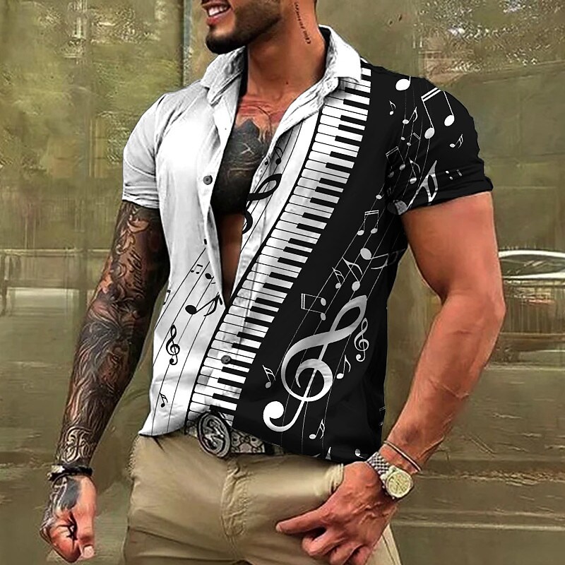 Men's  Music Notes Pano Keys Turndown  Casual Button-Down Short Sleeves Shirt 