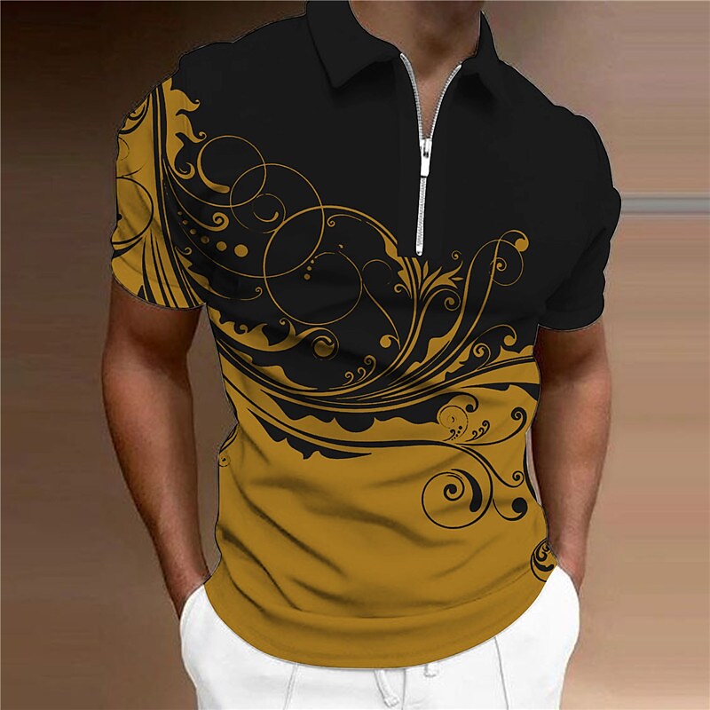 Men's Floral Graphic Prints Turndown Zipper Short Sleeves Polo Shirt