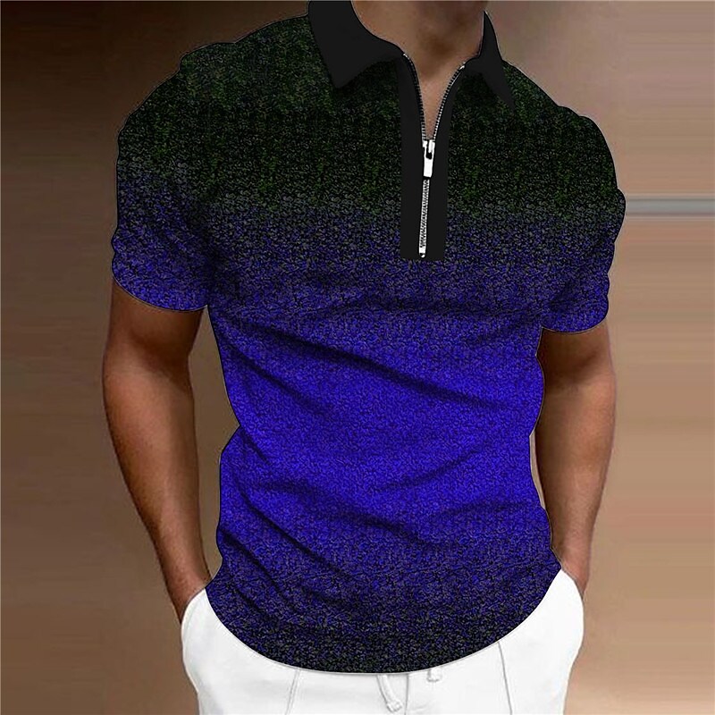 Men's Gradient Turndown  3D Print Outdoor   Zipper Short Sleeves Polo Shirt