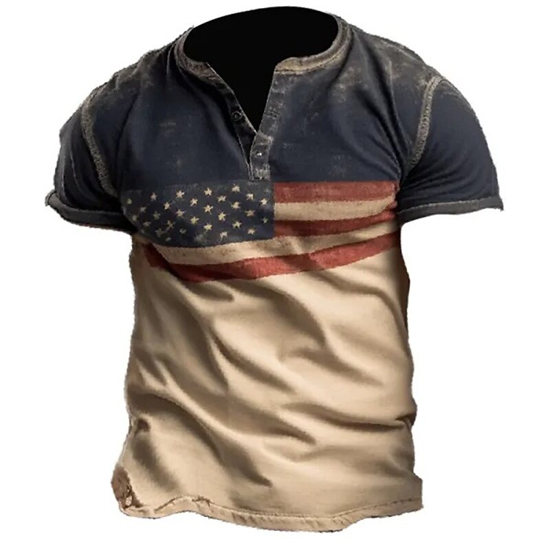 Men's National Flag Outdoor Fashion Designer Comfortable Breathable Print Short Sleeve Henley Shirt