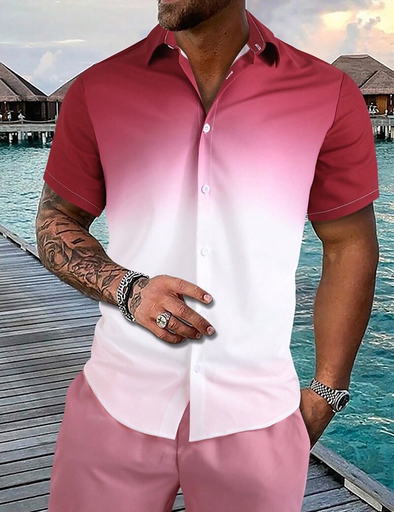 Men's Shirt Button Up Shirt Casual Shirt Summer Shirt Beach Shirt Yellow Pink Navy Blue Blue Orange Short Sleeve Gradient Lapel Daily Vacation Clothing Apparel Fashion Casual Comfortable