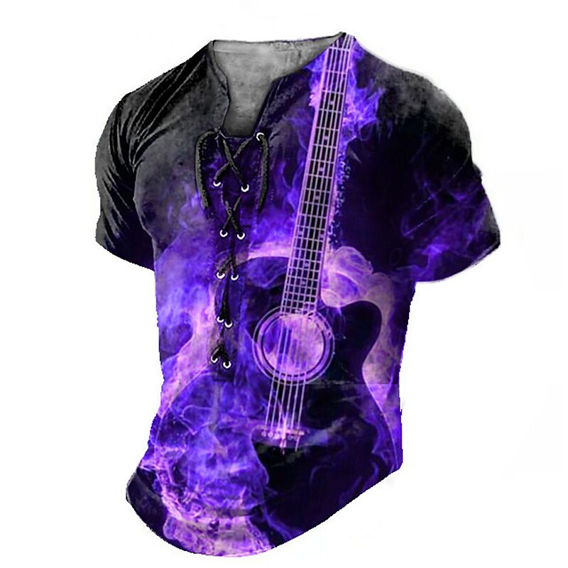 Men's Guitar Lace up Casual Short Sleeve Henley Shirt