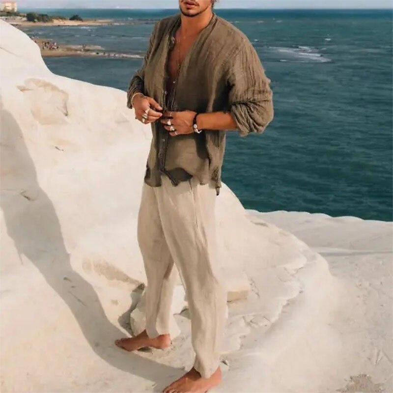 Men's Outdoor Beach Hawaiian Holiday Breathable Comfortable Light Plain Lapel Long Sleeve Shirt