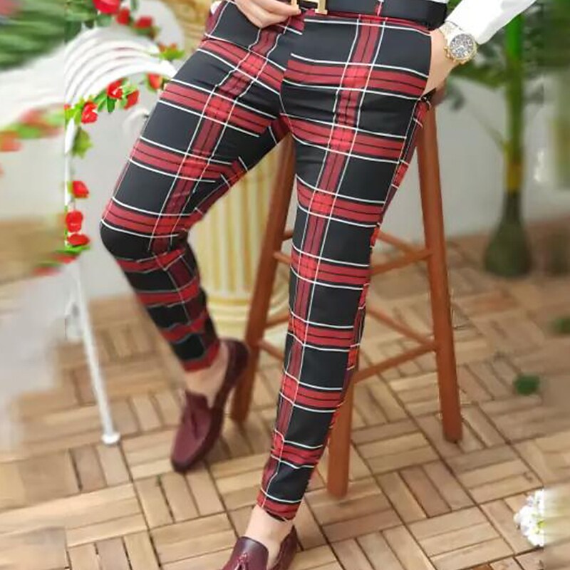 Men's Chinos  Plaid Dress Pants Print Lattice Full Length Micro-elastic Jogger Pants