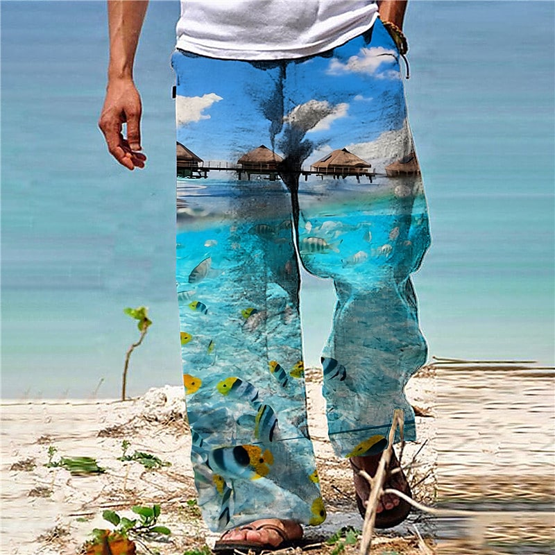 Men's  Drawstring Elastic Waist  Fish Casual  Hawaiian Summer Pants