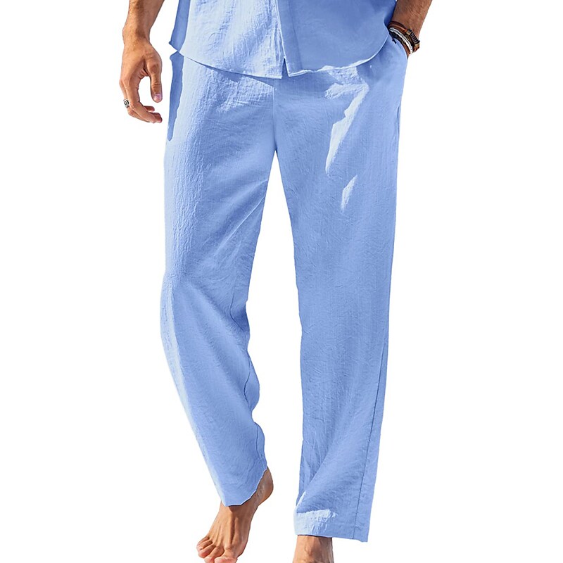 Men's  Drawstring Elastic Waist Plain Comfort Breathable Outdoor  Linen Pants 