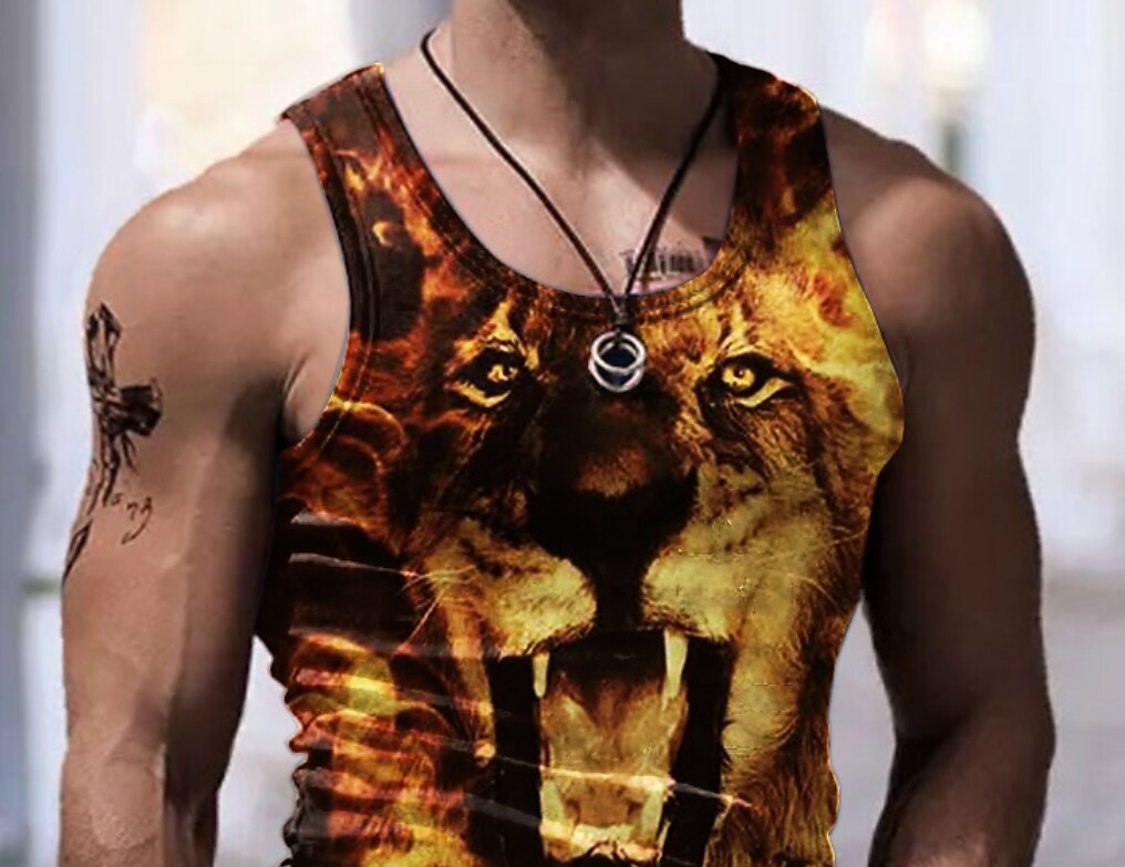 Men's Cheetah Print Crew Neck  Casual  Sleeveless Undershirt 