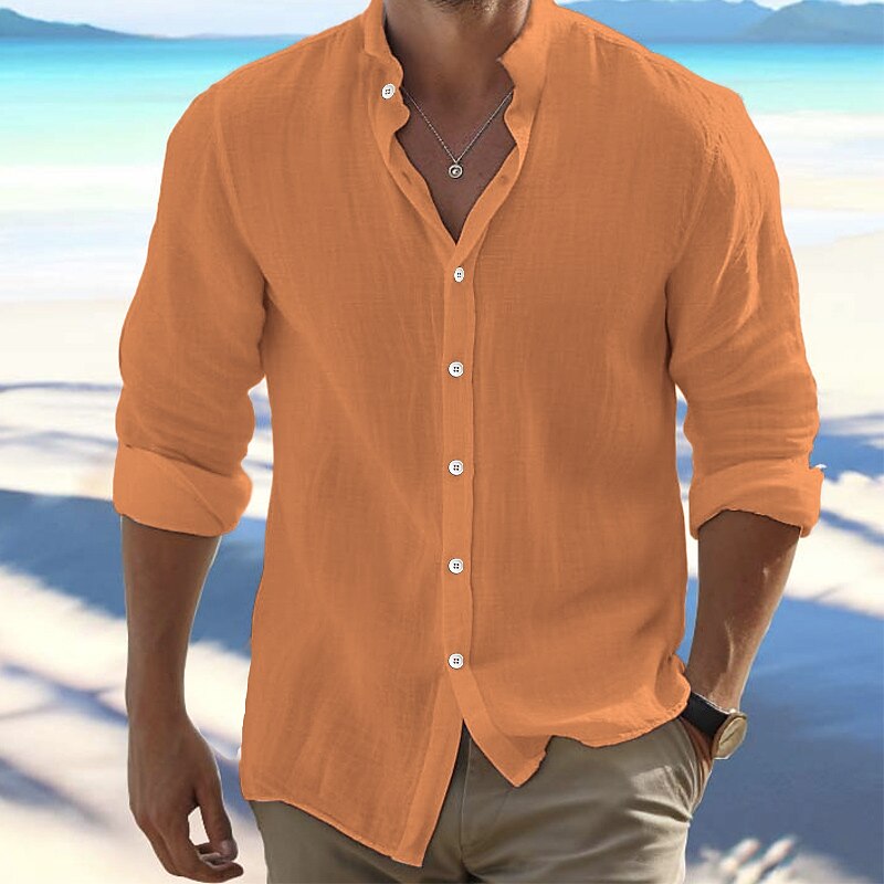 Men's Shirt Linen Shirt Button Up Shirt Summer Shirt Beach Shirt Black White Pink Long Sleeve Plain Band Collar Spring & Summer Casual Daily Clothing Apparel