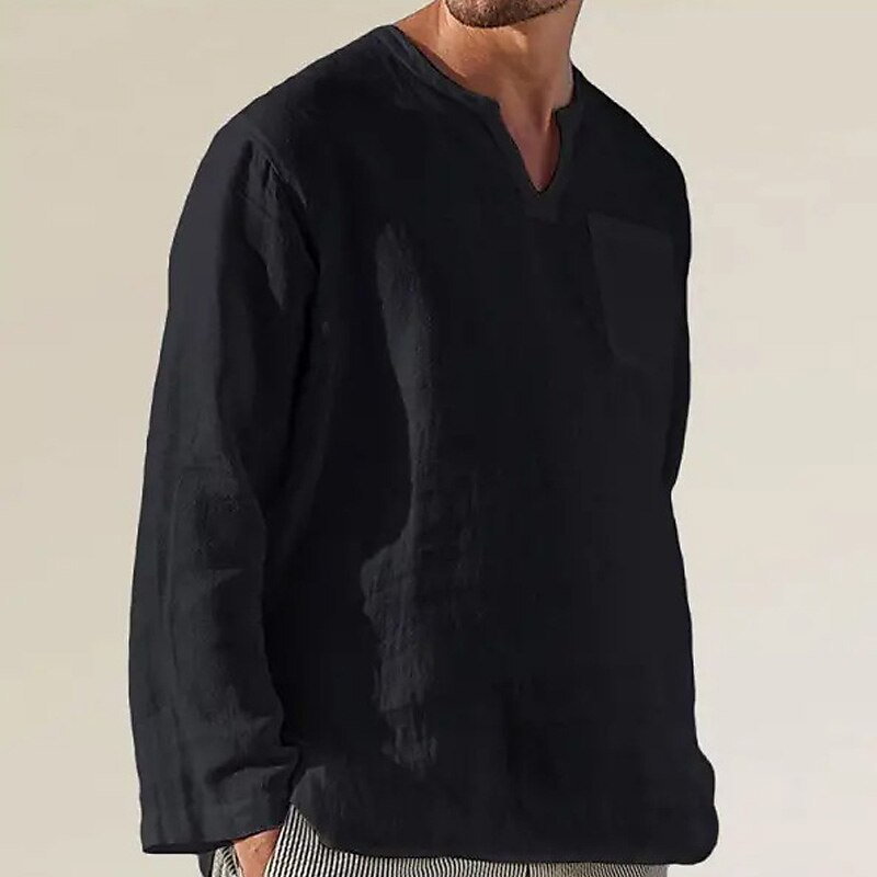 Men's Linen Shirt Summer Shirt Beach Shirt Black White Navy Blue Long Sleeve Plain V Neck Spring & Summer Casual Daily Clothing Apparel Front Pocket