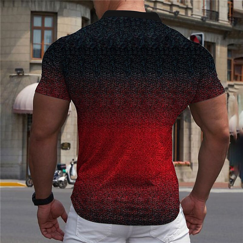 Men's Gradient Turndown  3D Print Outdoor   Zipper Short Sleeves Polo Shirt
