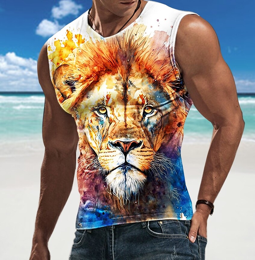Men's Lion Crew Neck Casual  Sleeveless Undershirt 