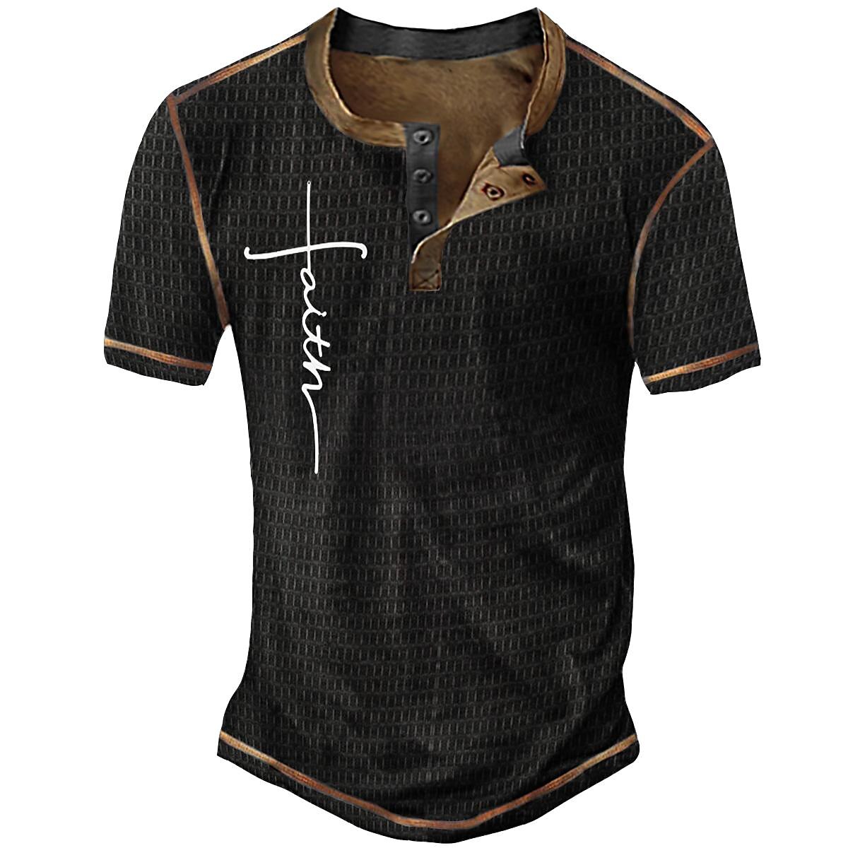 Men's Faith 3D Print  Button-Short Sleeves Comfortable  Henley Shirt