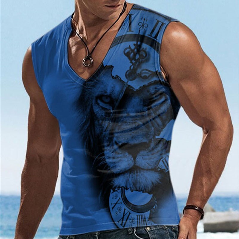 Men's Graphic Animal Lion V Neck 3D Print Sports Muscle  Vest