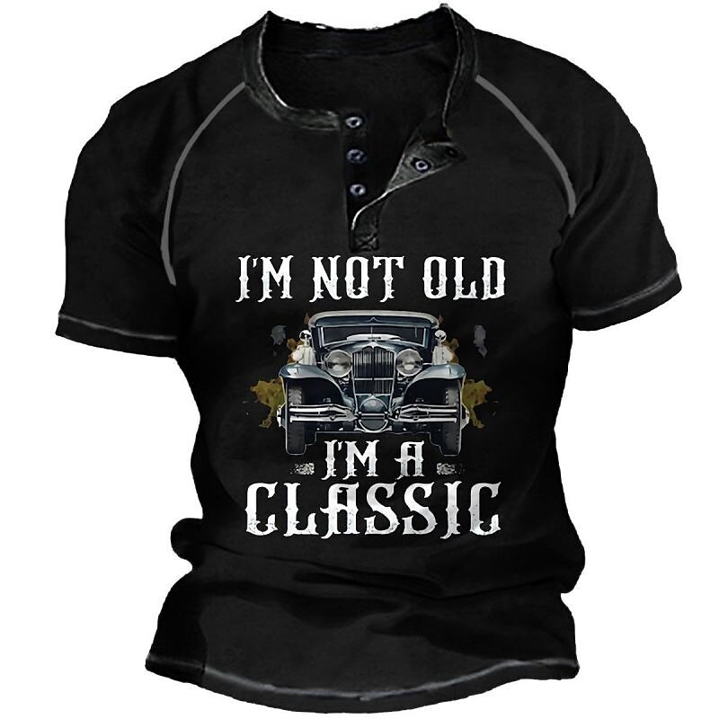 Men's Car Graphic  Letter Print Short Sleeve Henley Shirt
