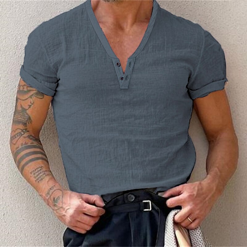Men's T shirt Tee Henley Shirt Plain Henley Street Holiday Short Sleeve Button-Down Clothing Apparel Fashion Casual Comfortable
