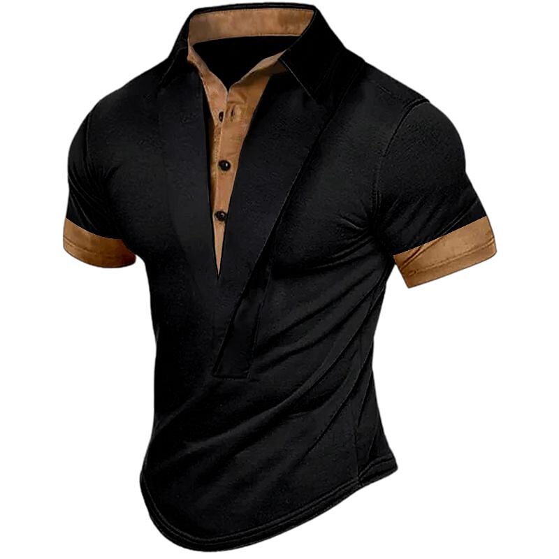 Men's Color Block Lapel  Basic Short Sleeves Henley Shirt