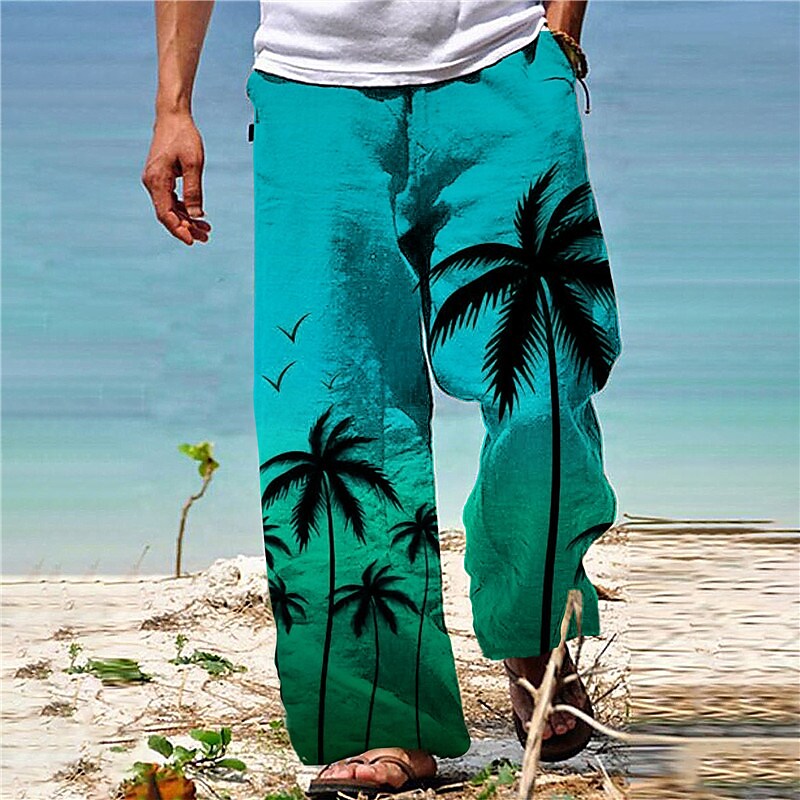 Men's  Drawstring Elastic Waist Straight Leg Coconut Tree Graphic Prints Landscape Hawaiian Beach Pants
