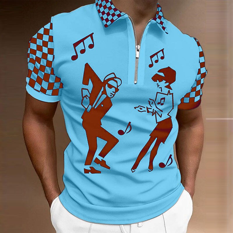 Men's Fashion Short Sleeve Graphic Notes Turndown 3D Print Zipper Shir