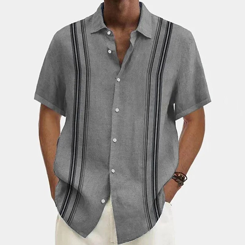 Men's Outdoor Beach Hawaiian Holiday Casual Breathable Comfortable Light Stripe Print Short Sleeve Shirt