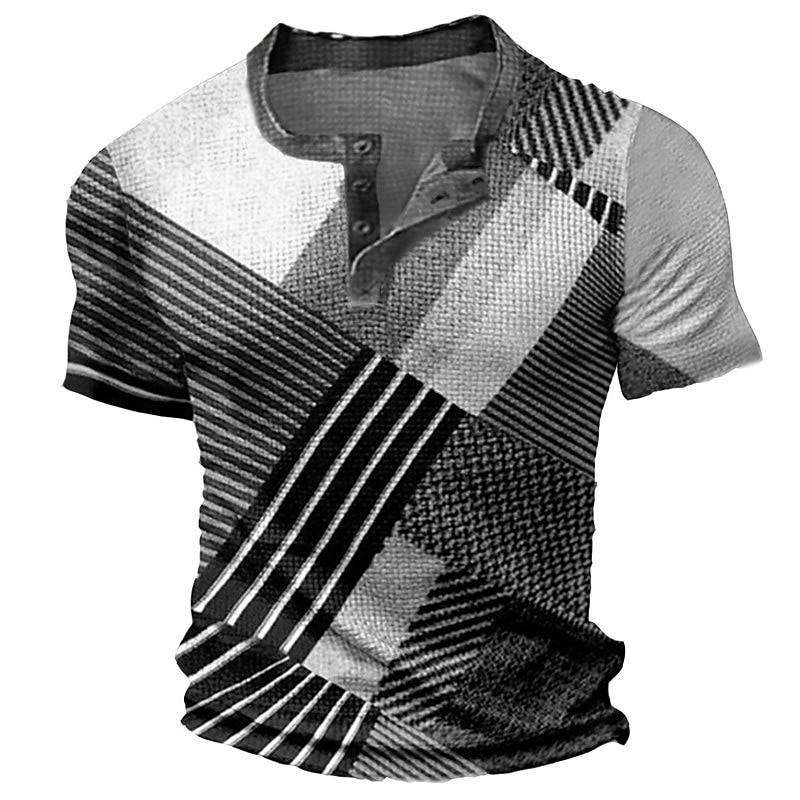 Men's Waffle  Graphic Color Block 3D Print   Short Sleeve Henley Shirt